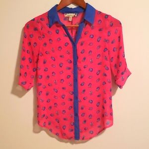 Bright Hot Pink OWL print semi sheer button down shirt blouse XL